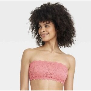 Auden Womens Lace Removable Pad Bandeau Bralette Coral Pink Floral Eyelet Small